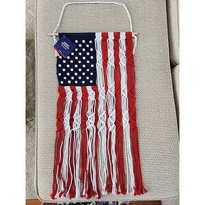 Macrame American Flag Rope Beaded Wall Hanging 14”L x 26”W, New